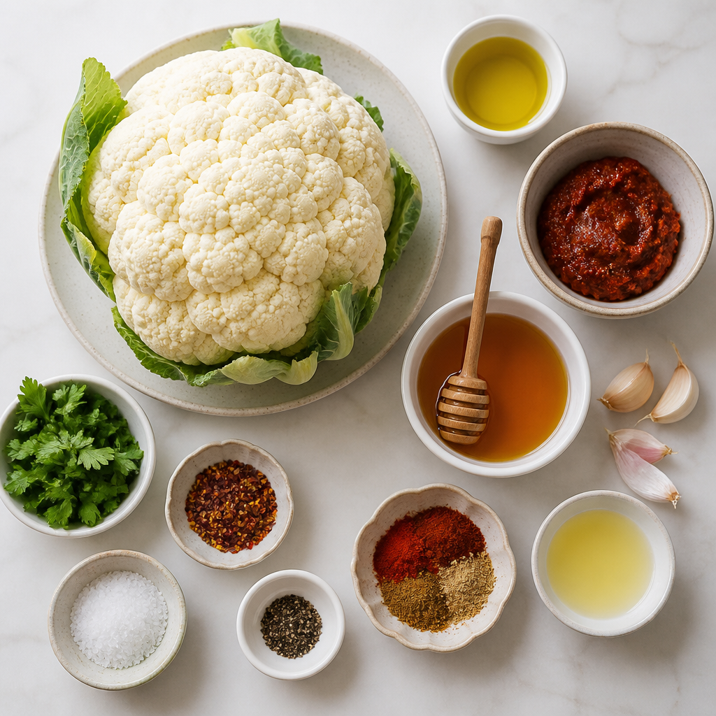 Overhead flat-lay of all ingredients for Honey-Roasted Harissa Cauliflower Steaks laid out on a kitchen surface.