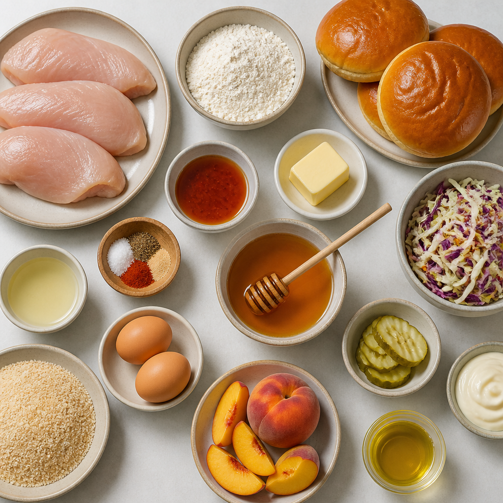 Overhead flat-lay of all ingredients for Hot Honey Fried Chicken Burgers with Peach Slaw laid out on a kitchen surface.