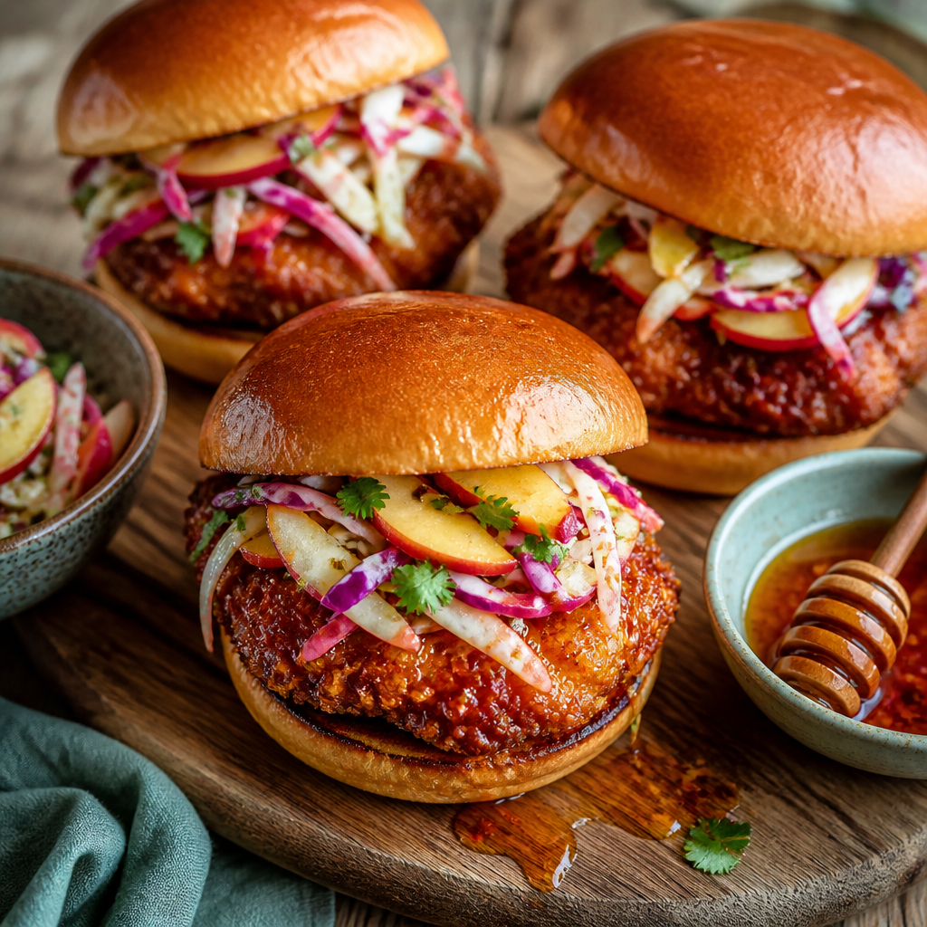 Hot Honey Fried Chicken Burgers with Peach Slaw