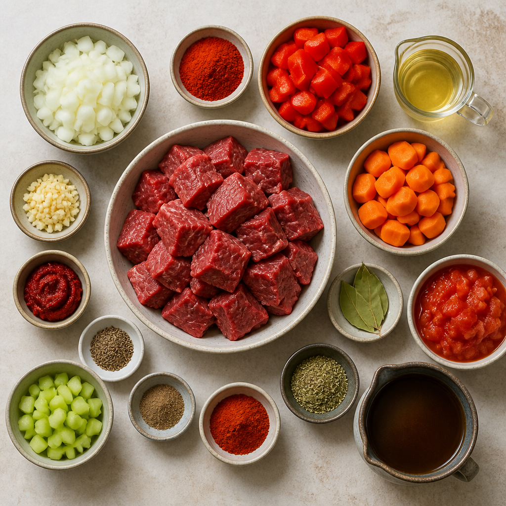 Overhead flat-lay of all ingredients for Hungarian Beef Goulash with Sweet Paprika and Slow-Cooked Meat laid out on a kitchen surface.