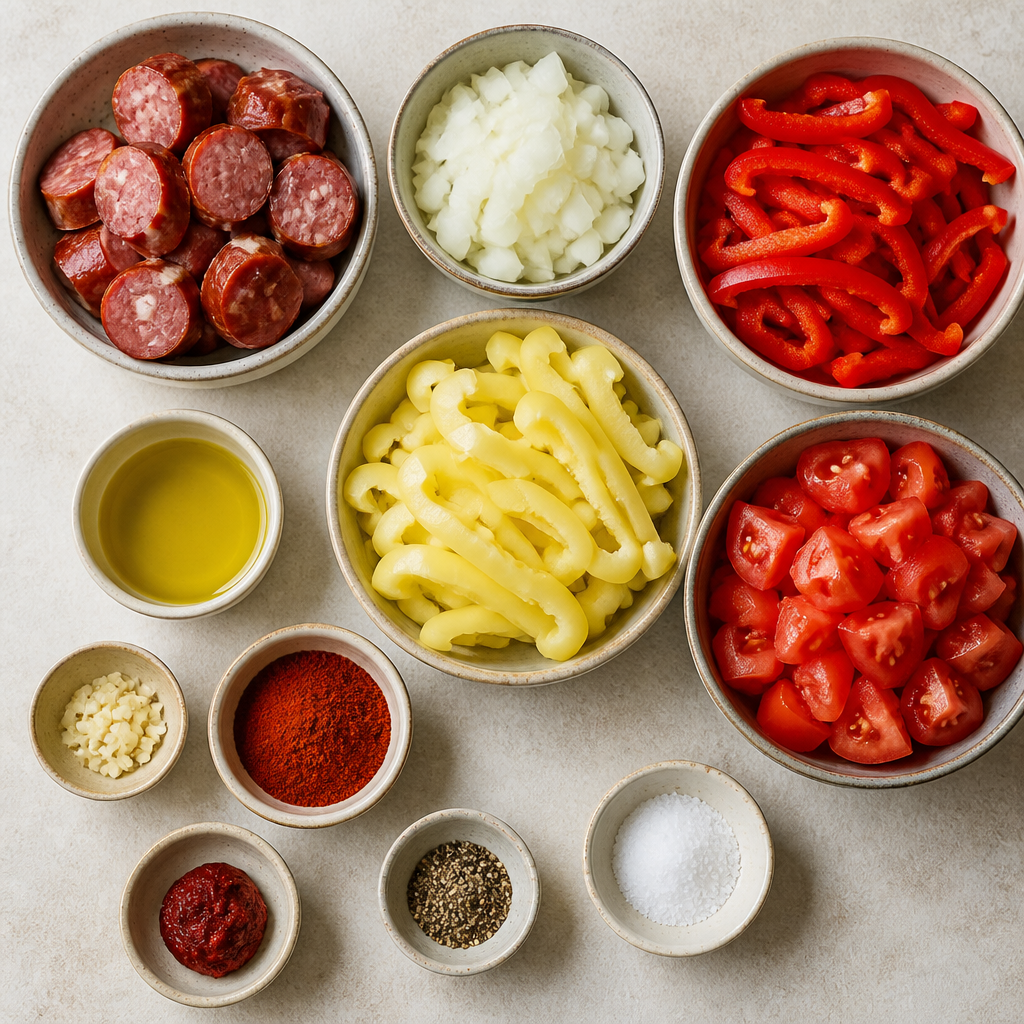 Overhead flat-lay of all ingredients for Hungarian Lecso Recipe with Smoky Sausage and Peppers laid out on a kitchen surface.