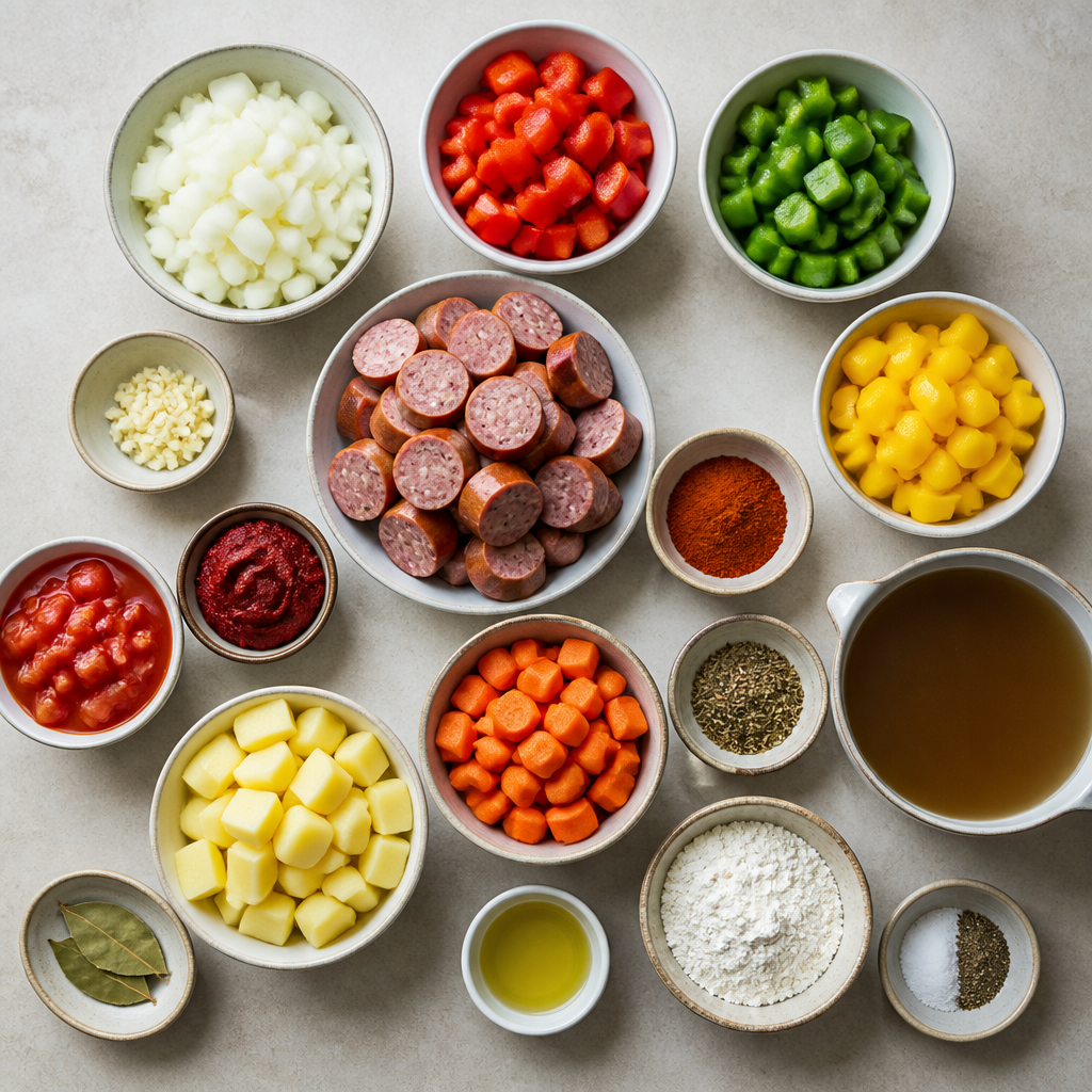 Overhead flat-lay of all ingredients for Hungarian Sausage Stew With Debrecener and Peppers laid out on a kitchen surface.