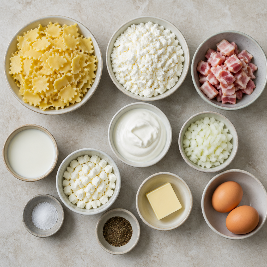 Overhead flat-lay of all ingredients for Hungarian Turos Csusza Recipe with Crispy Bacon laid out on a kitchen surface.