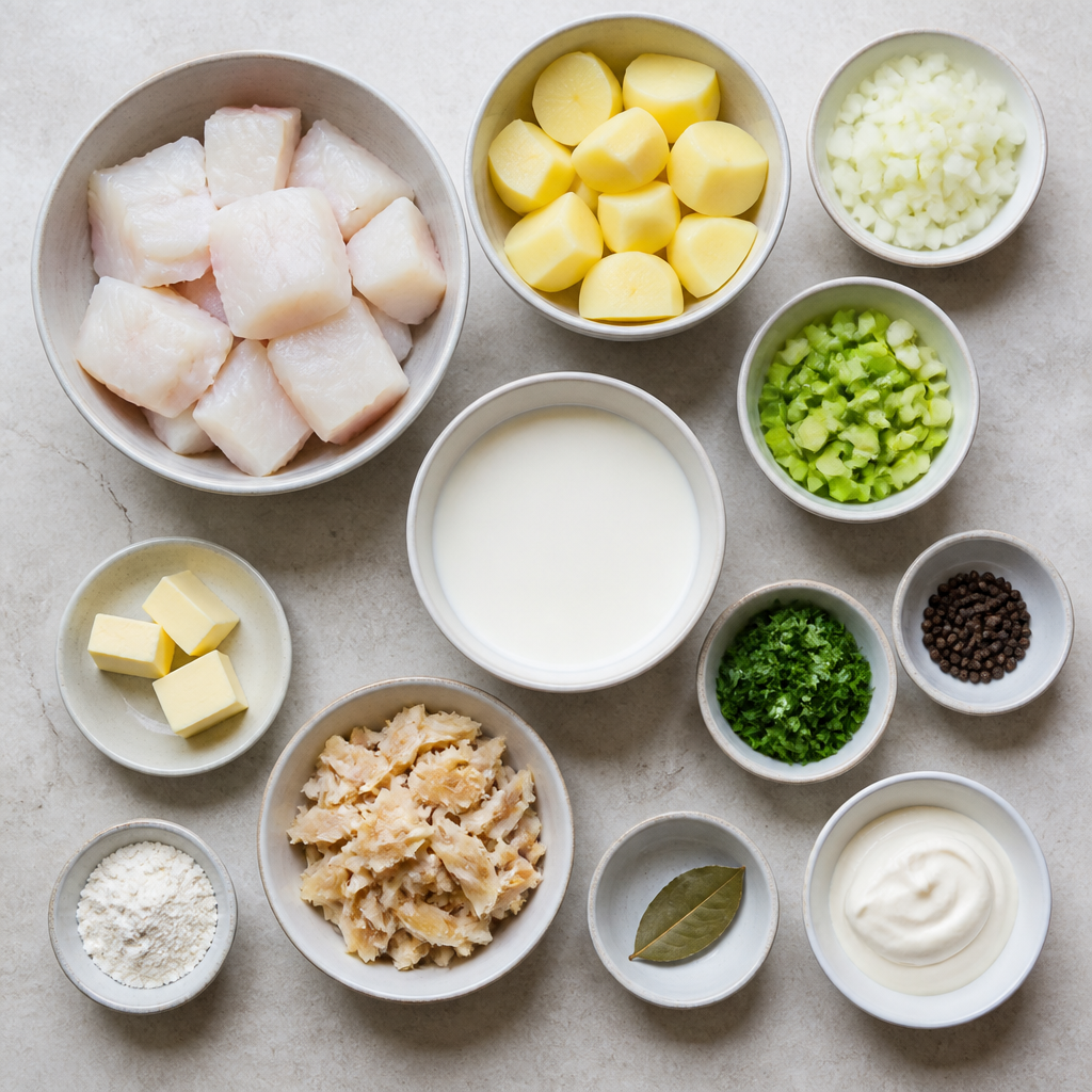 Overhead flat-lay of all ingredients for Icelandic Fish Stew (Plokkfiskur) with Creamy Potatoes laid out on a kitchen surface.