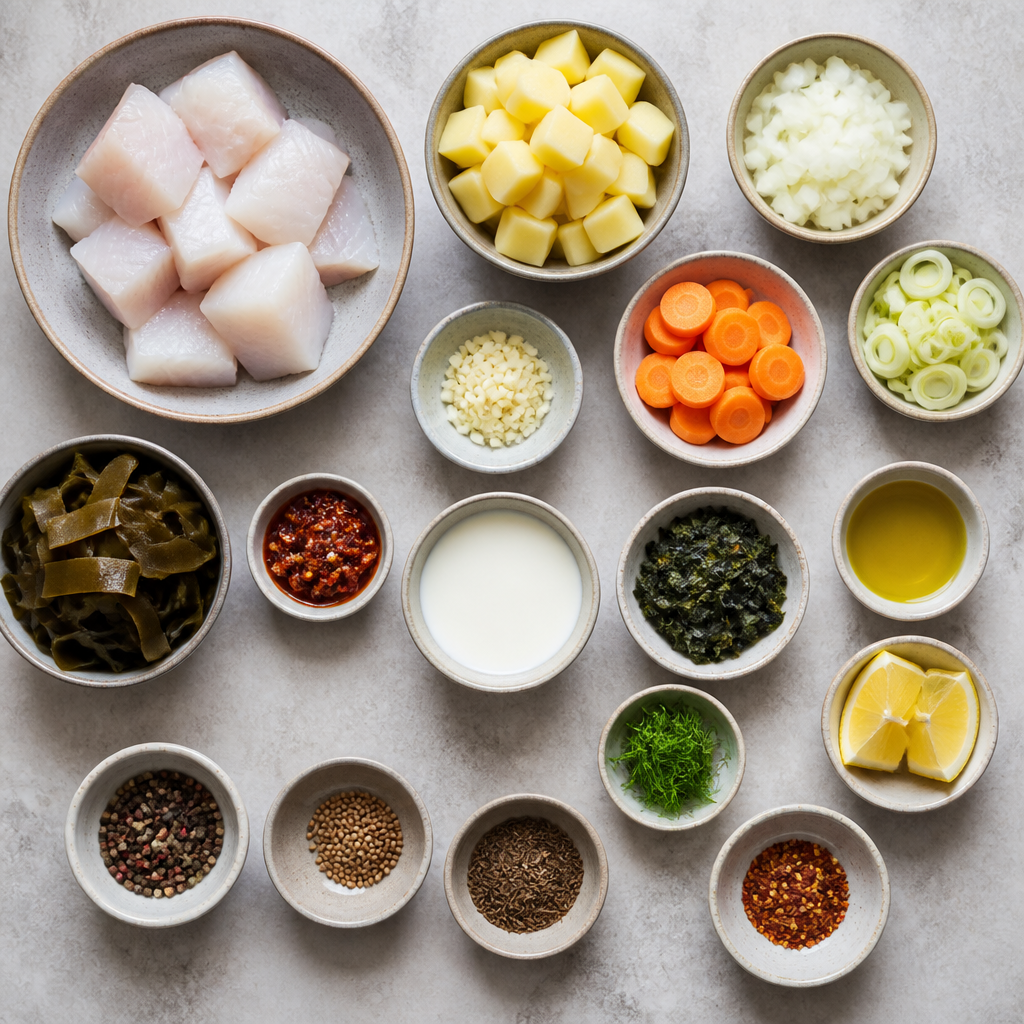 Overhead flat-lay of all ingredients for Icelandic Fish Stew with Spicy Seaweed and Nordic Spices laid out on a kitchen surface.