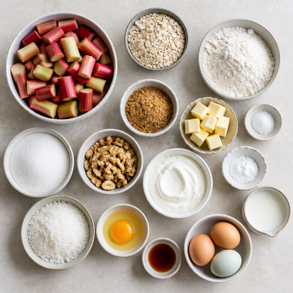 Overhead flat-lay of all ingredients for Icelandic Happy Marriage Cake with Rhubarb and Oats laid out on a kitchen surface.