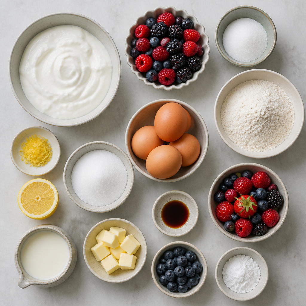 Overhead flat-lay of all ingredients for Icelandic Skyr Cake with Fresh Wild Berry Compote laid out on a kitchen surface.
