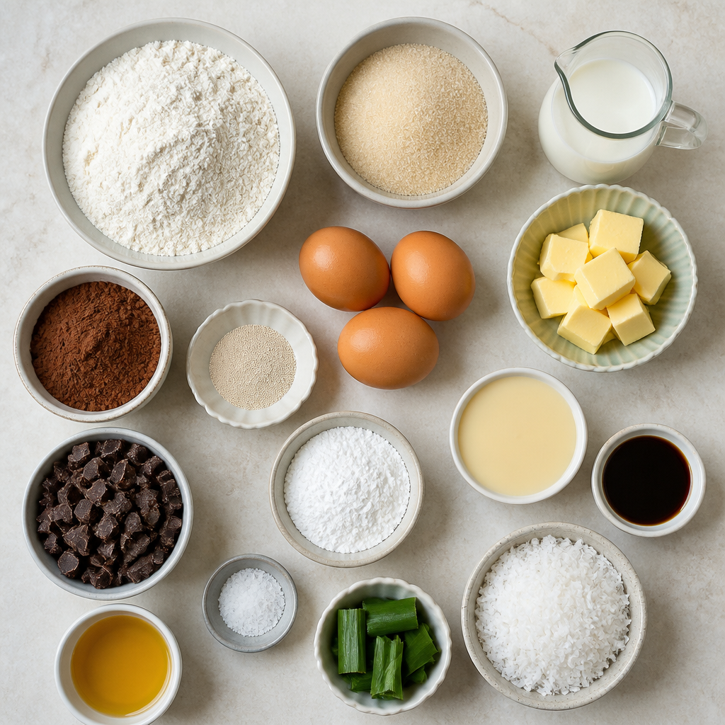 Overhead flat-lay of all ingredients for Indonesian Martabak Manis Recipe with Pandan and Chocolate laid out on a kitchen surface.