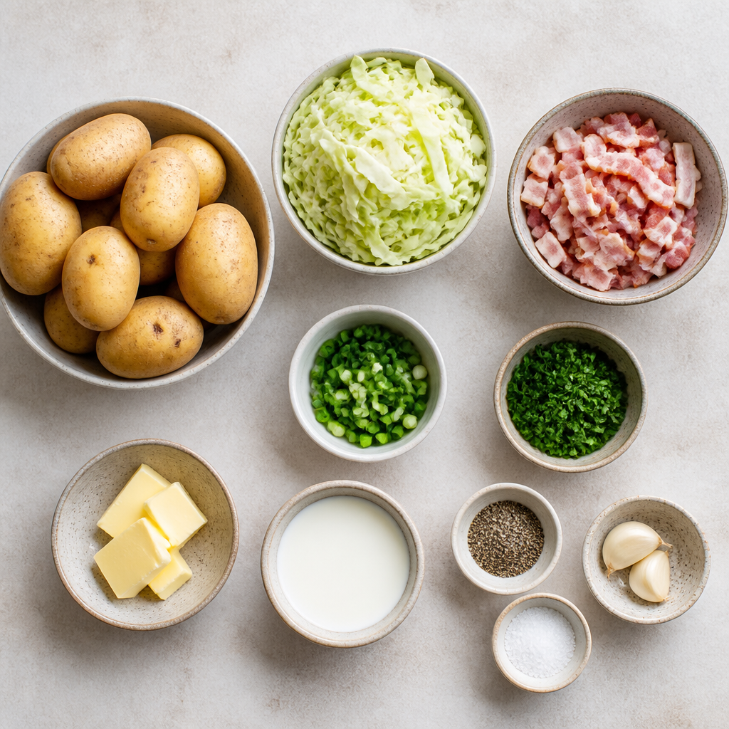 Overhead flat-lay of all ingredients for Irish Colcannon Recipe with Crispy Bacon and Cabbage laid out on a kitchen surface.