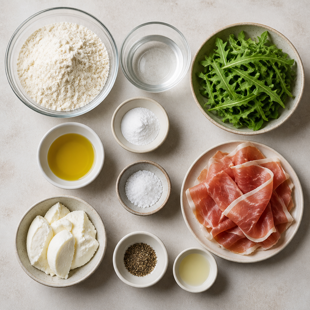 Overhead flat-lay of all ingredients for Italian Piadina Recipe with Prosciutto and Arugula laid out on a kitchen surface.