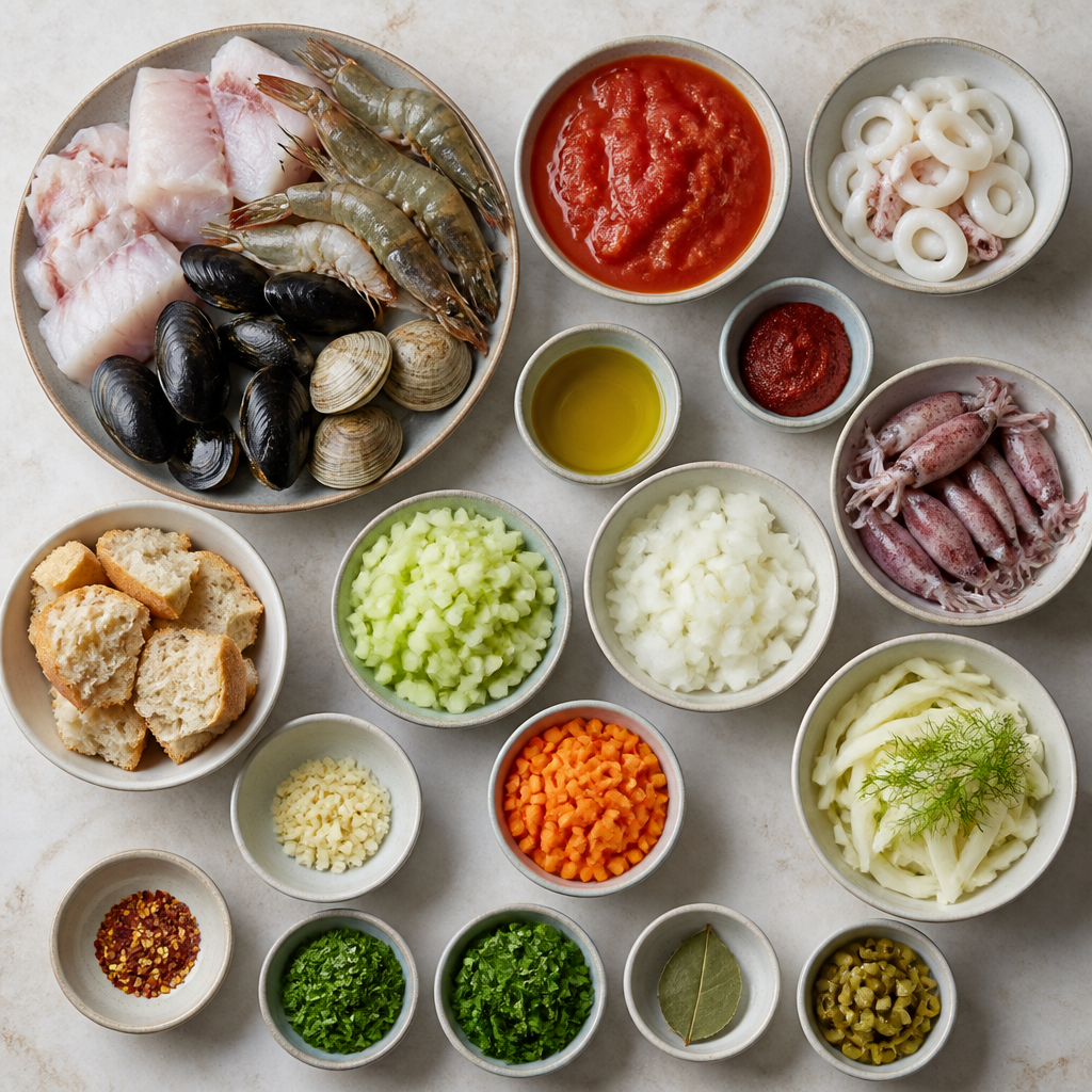 Overhead flat-lay of all ingredients for Italian Seafood Stew Cacciucco: A Rich Tuscan Tomato Broth laid out on a kitchen surface.