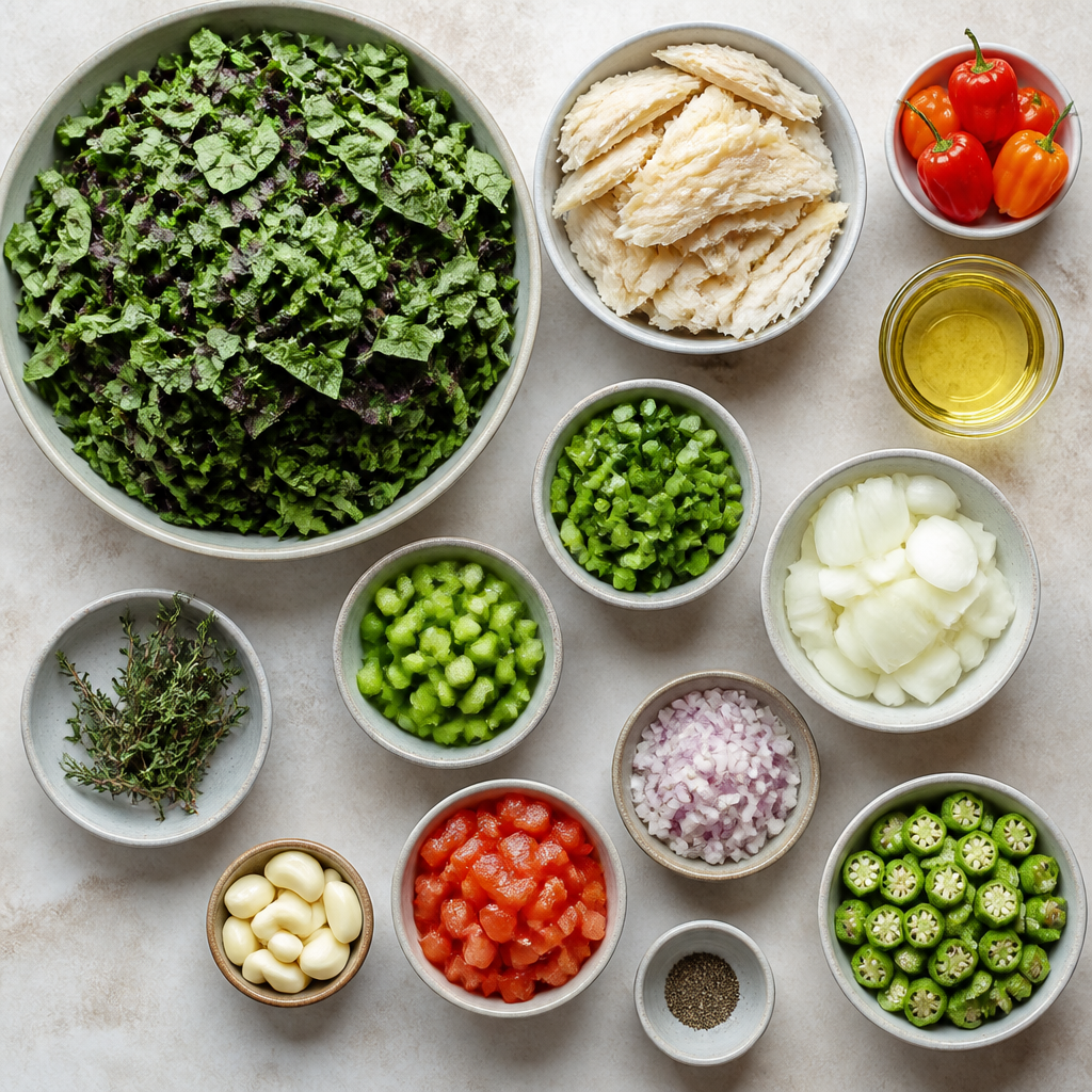 Overhead flat-lay of all ingredients for Jamaican Callaloo and Saltfish Recipe with Scotch Bonnet laid out on a kitchen surface.
