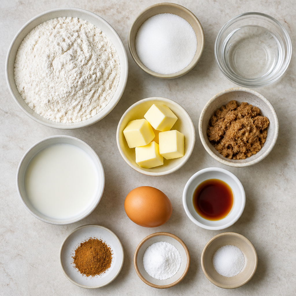 Overhead flat-lay of all ingredients for Jamaican Festival Recipe for Sweet Fried Dumplings laid out on a kitchen surface.