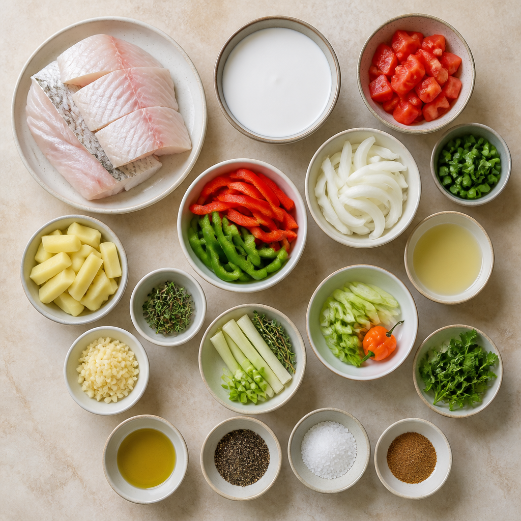 Overhead flat-lay of all ingredients for Jamaican Fish Run Down with Creamy Coconut Sauce laid out on a kitchen surface.