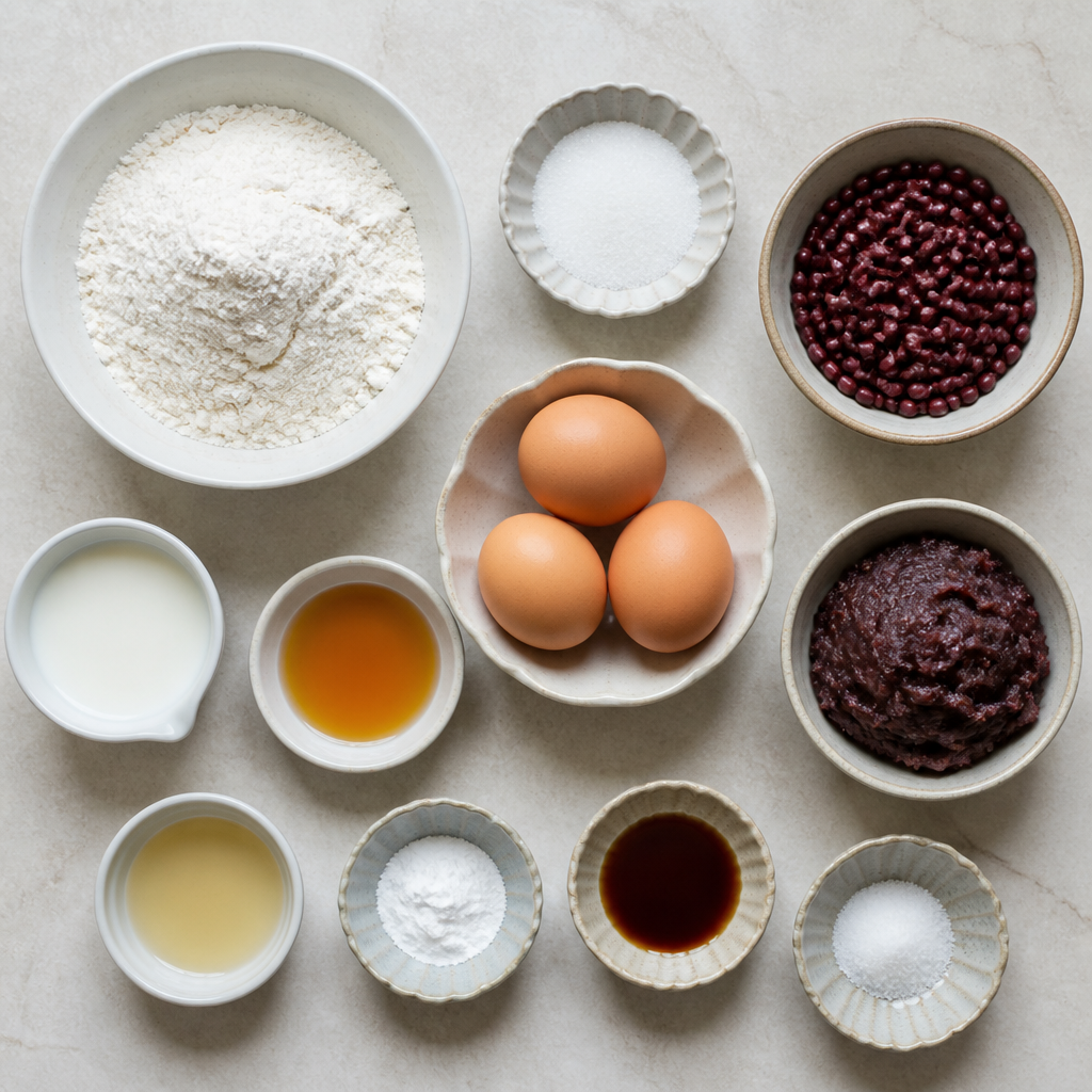 Overhead flat-lay of all ingredients for Japanese Dorayaki Recipe with Sweet Red Bean Paste laid out on a kitchen surface.