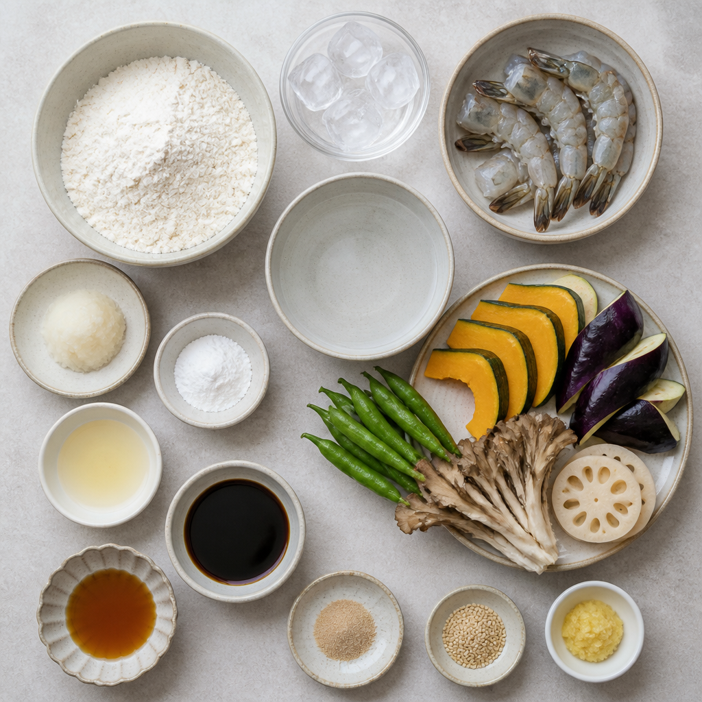 Overhead flat-lay of all ingredients for Japanese Shrimp and Vegetable Tempura with Sweet Soy Sauce laid out on a kitchen surface.