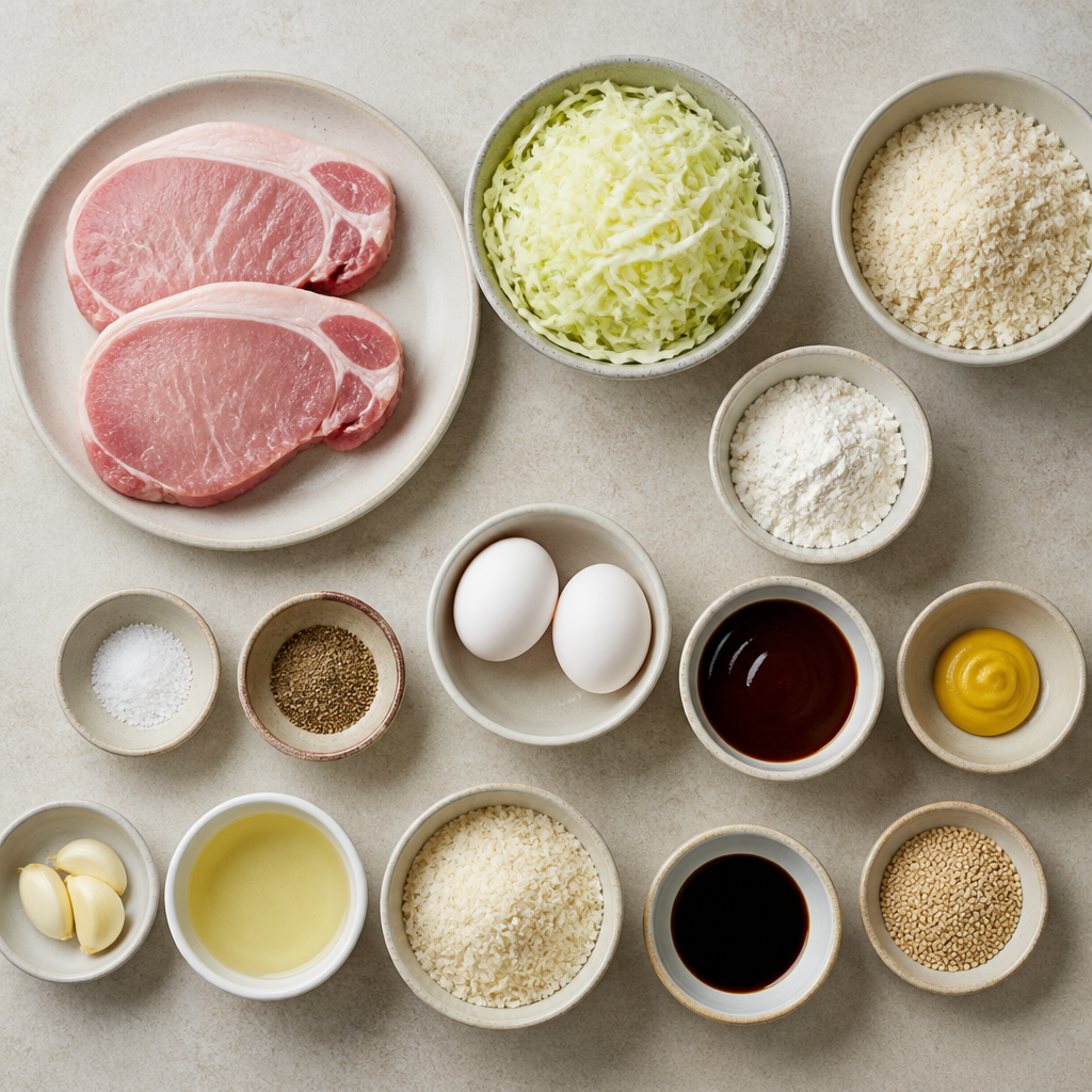 Overhead flat-lay of all ingredients for Japanese Tonkatsu Recipe with Crispy Panko Pork Cutlets laid out on a kitchen surface.