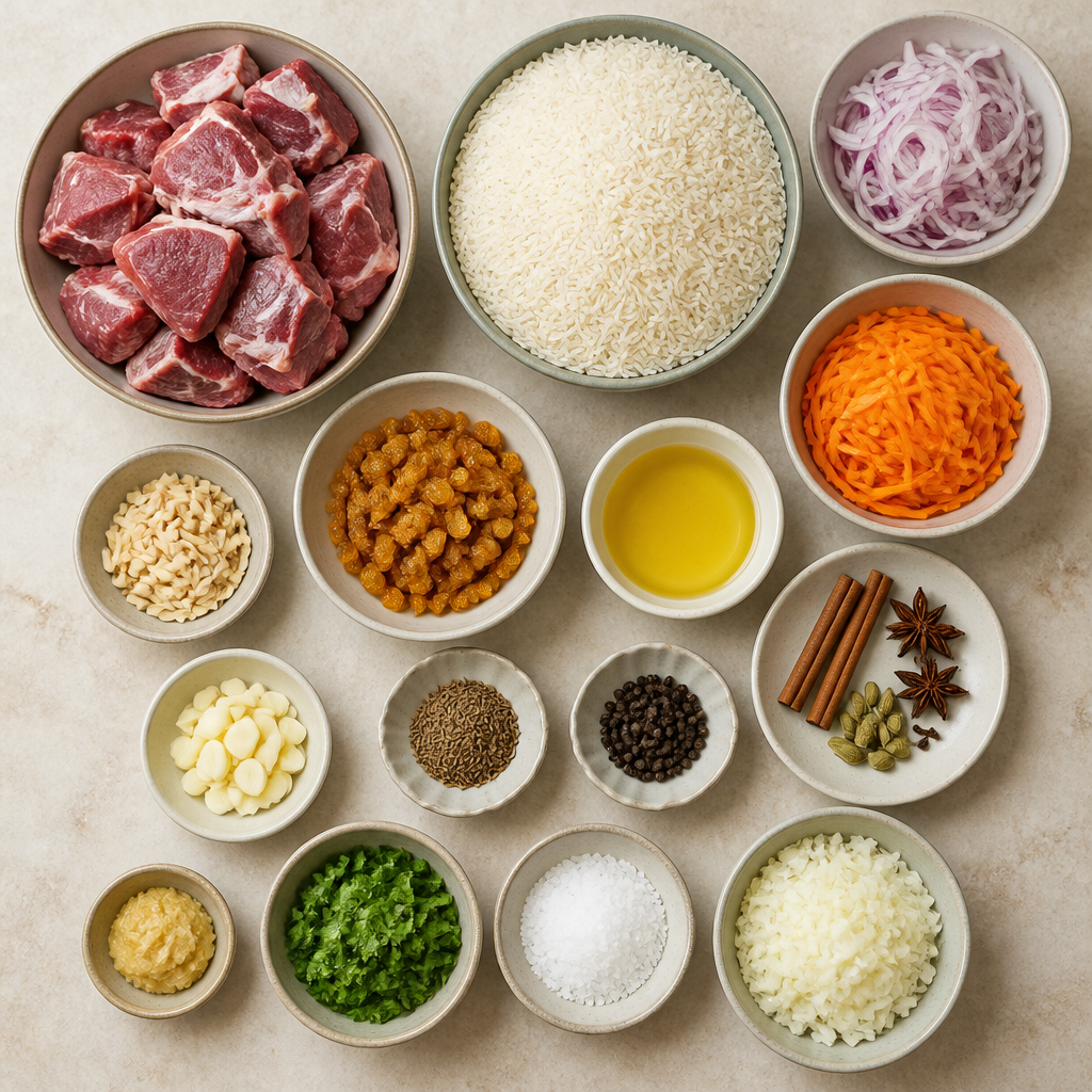 Overhead flat-lay of all ingredients for Kabuli Pulao Recipe with Lamb and Golden Raisins laid out on a kitchen surface.