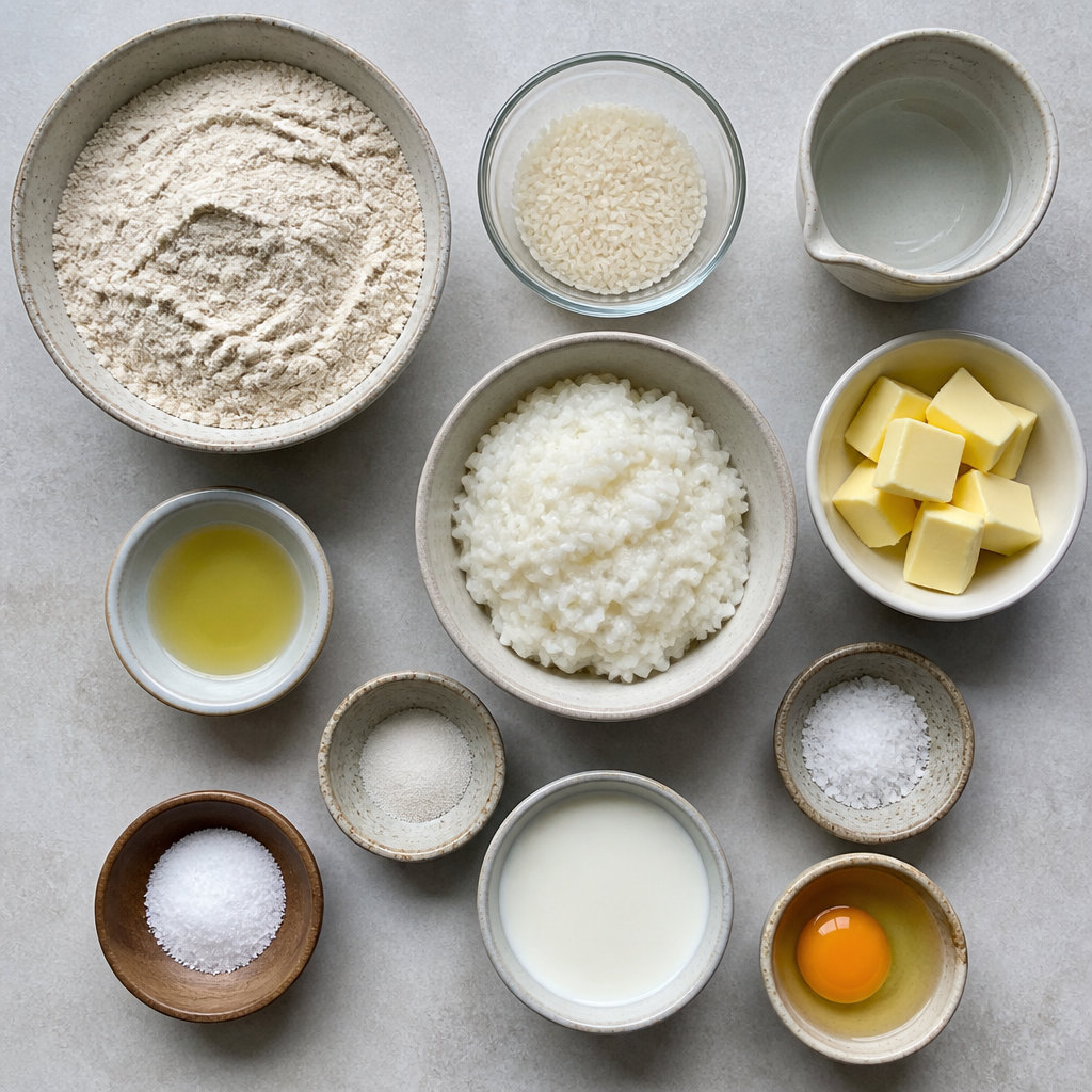 Overhead flat-lay of all ingredients for Karelian Pasties Recipe with Rye Crust and Rice Porridge laid out on a kitchen surface.