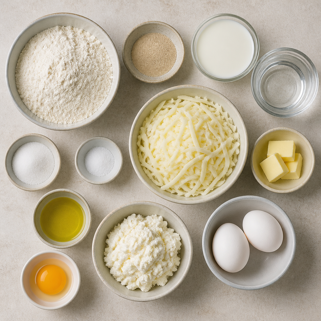 Overhead flat-lay of all ingredients for Khachapuri Adjaruli Recipe for Georgian Cheese Bread laid out on a kitchen surface.