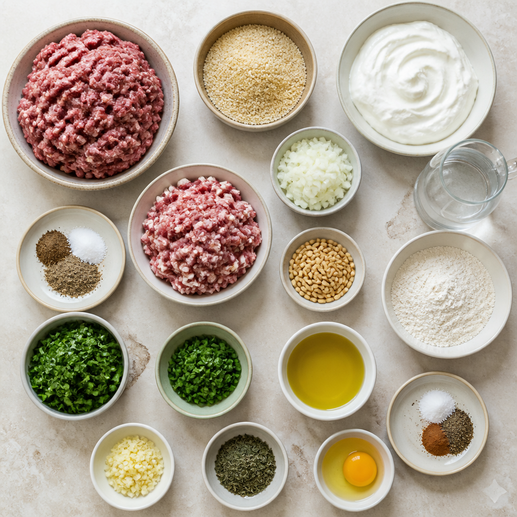Overhead flat-lay of all ingredients for Kibbeh Labanieh Recipe: Middle Eastern Dumplings in Yogurt Sauce laid out on a kitchen surface.