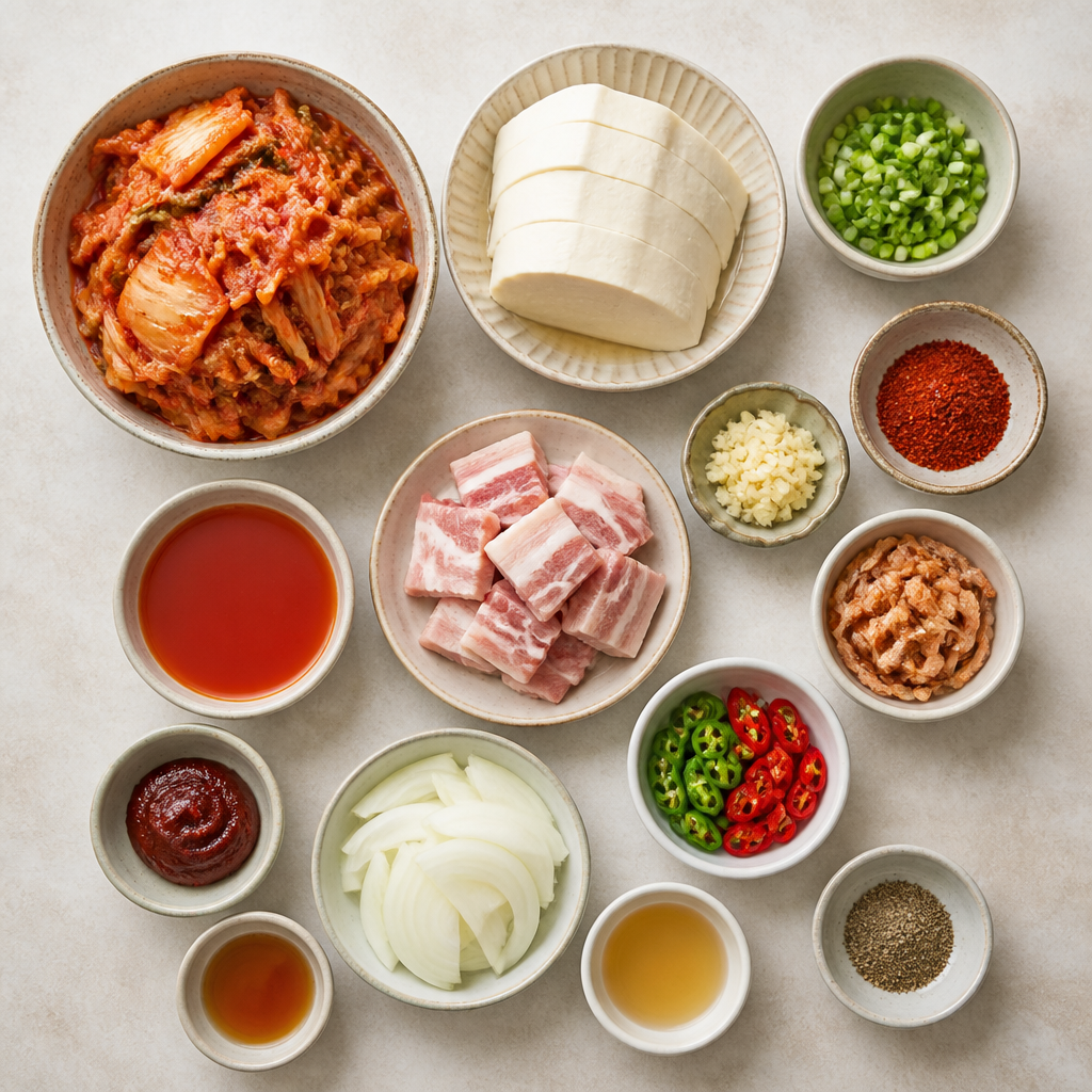 Overhead flat-lay of all ingredients for Kimchi Jjigae Recipe with Soft Tofu and Aged Kimchi laid out on a kitchen surface.