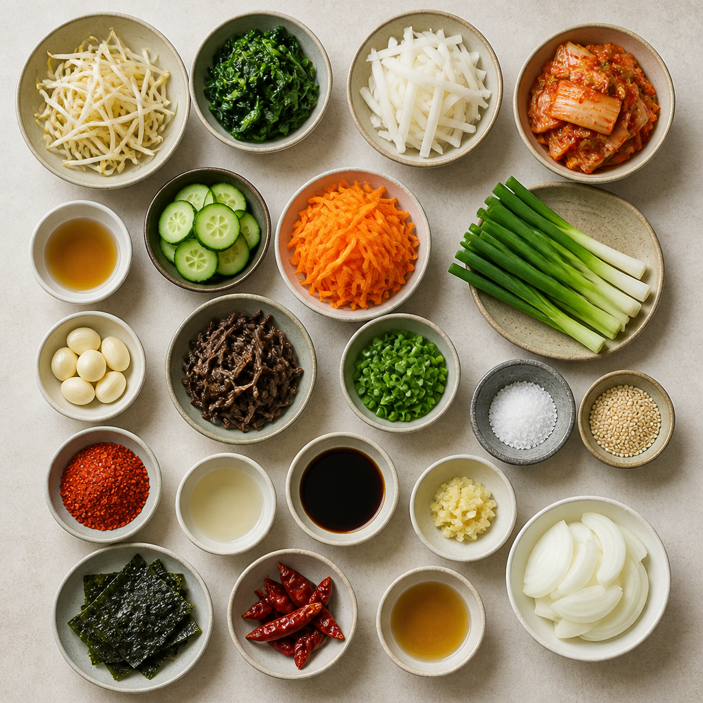 Overhead flat-lay of all ingredients for Korean Banchan Recipe for Authentic Side Dishes laid out on a kitchen surface.
