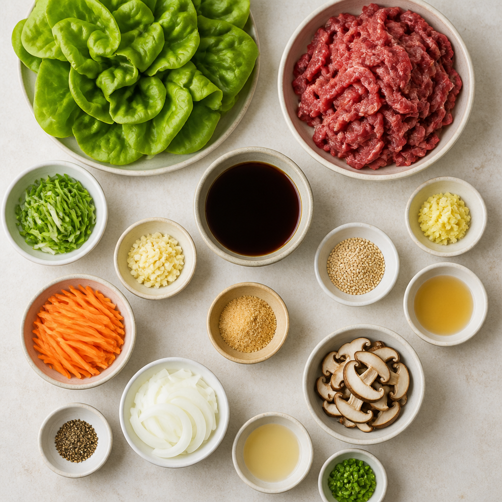 Overhead flat-lay of all ingredients for Korean Beef Lettuce Wraps with Bulgogi Marinade laid out on a kitchen surface.