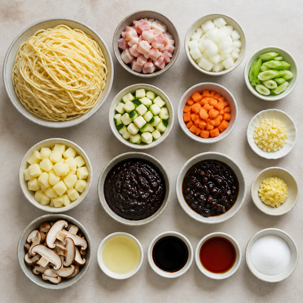Overhead flat-lay of all ingredients for Korean Jjajangmyeon Recipe with Savory Black Bean Sauce laid out on a kitchen surface.