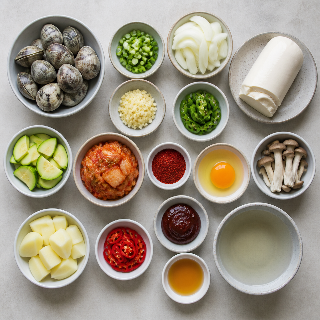 Overhead flat-lay of all ingredients for Korean Soft Tofu Stew with Fresh Clams and Silken Tofu laid out on a kitchen surface.