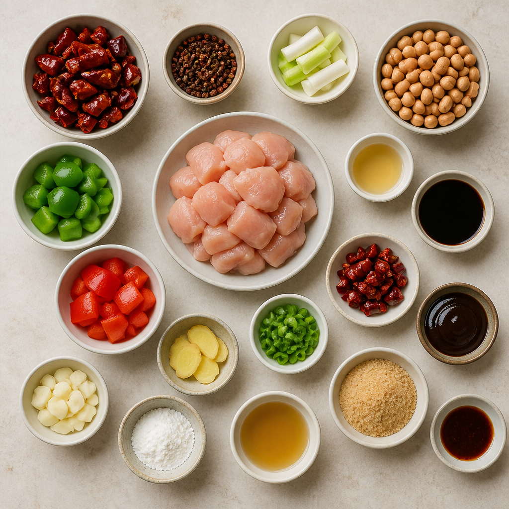 Overhead flat-lay of all ingredients for Kung Pao Chicken Recipe with Sichuan Peppercorns laid out on a kitchen surface.