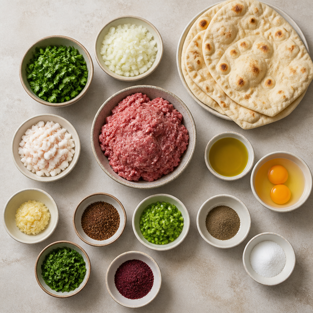 Overhead flat-lay of all ingredients for Kurdish Kofta Kebab with Sumac and Warm Flatbread laid out on a kitchen surface.