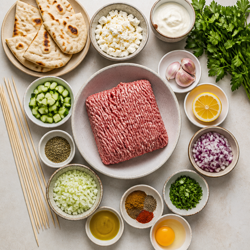 Overhead flat-lay of all ingredients for Lamb Kofta Skewers With Whipped Feta Dip laid out on a kitchen surface.