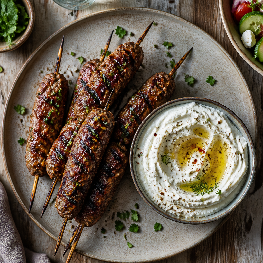 Lamb Kofta Skewers With Whipped Feta Dip — Middle Eastern Dinner served and photographed from above