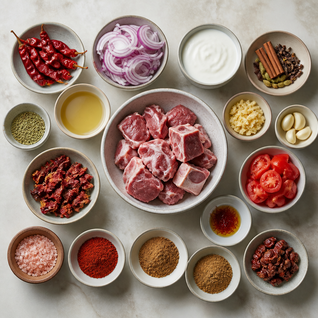 Overhead flat-lay of all ingredients for Lamb Rogan Josh Recipe with Authentic Kashmiri Spices laid out on a kitchen surface.