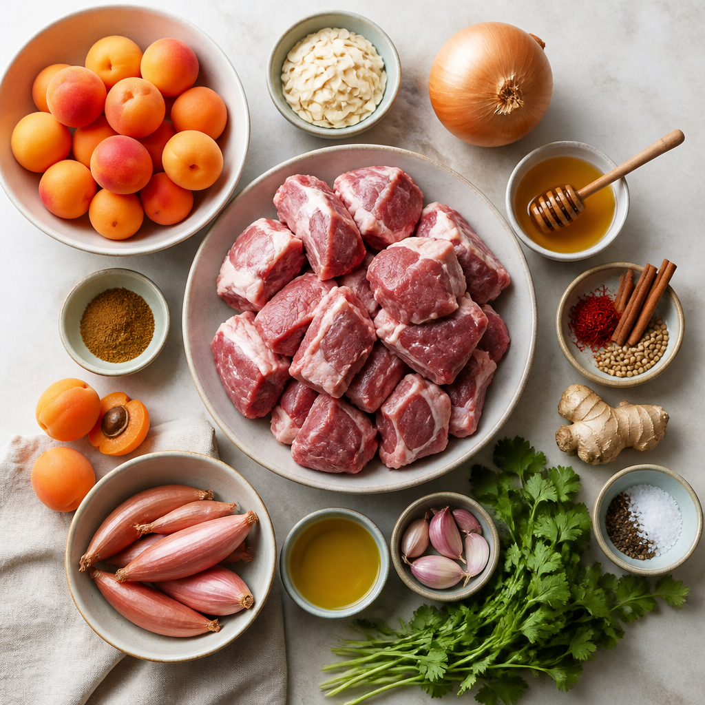 Overhead flat-lay of all ingredients for Lamb Tagine With Honeyed Summer Apricots laid out on a kitchen surface.