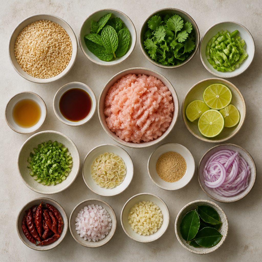 Overhead flat-lay of all ingredients for Laotian Chicken Larb with Toasted Rice and Lime laid out on a kitchen surface.