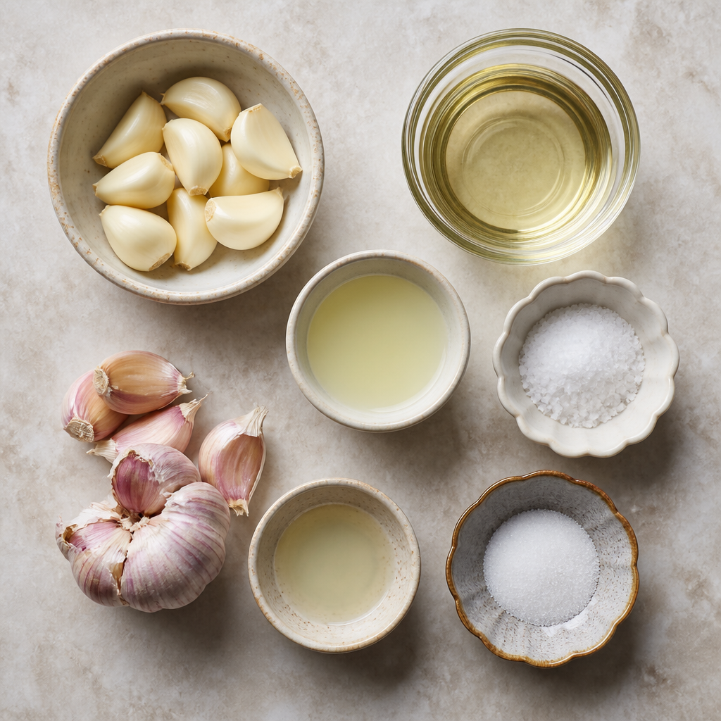 Overhead flat-lay of all ingredients for Lebanese Garlic Sauce (Toum) for Grilled Meats laid out on a kitchen surface.