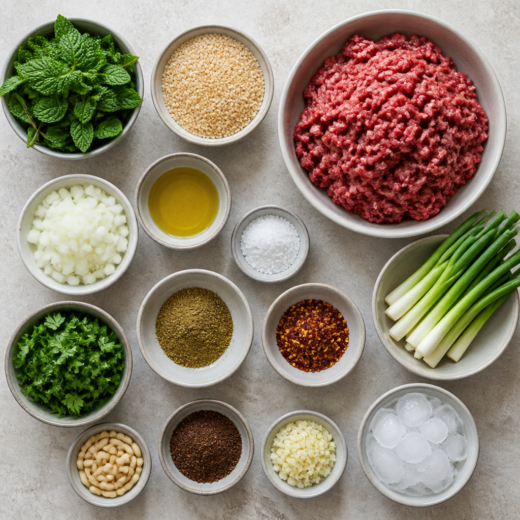 Overhead flat-lay of all ingredients for Lebanese Kibbeh Nayyeh Recipe with Fresh Mint and Bulgur laid out on a kitchen surface.