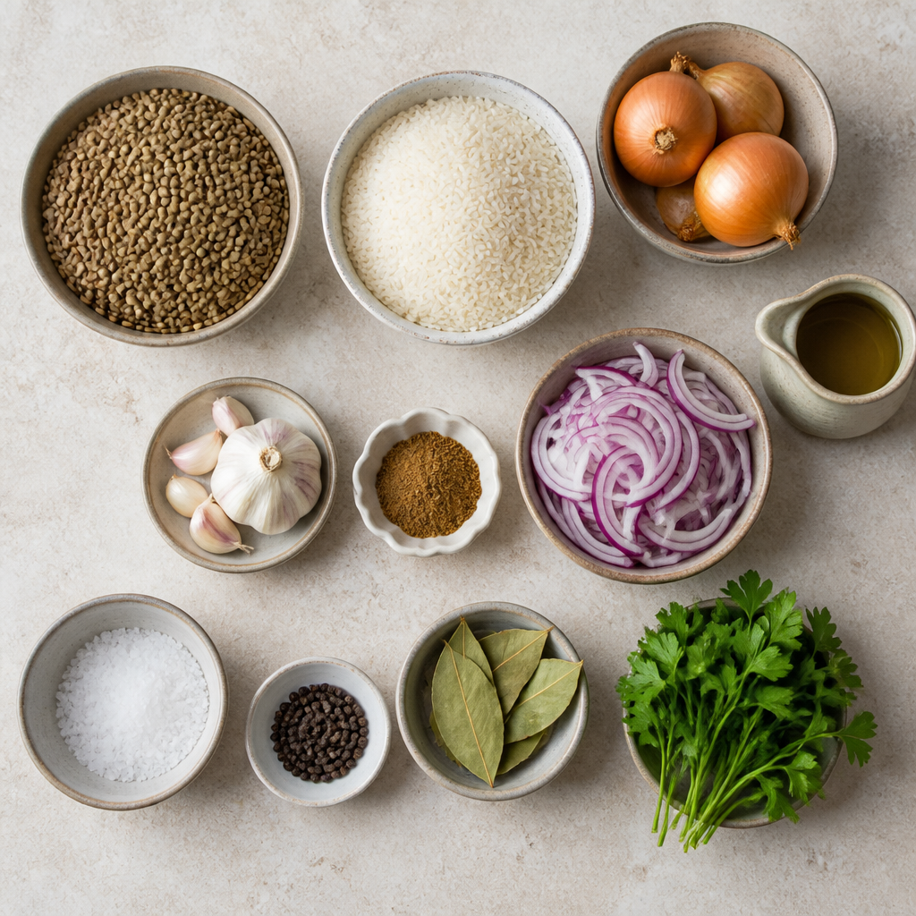 Overhead flat-lay of all ingredients for Lebanese Mujadara Recipe with Crispy Caramelized Onions laid out on a kitchen surface.