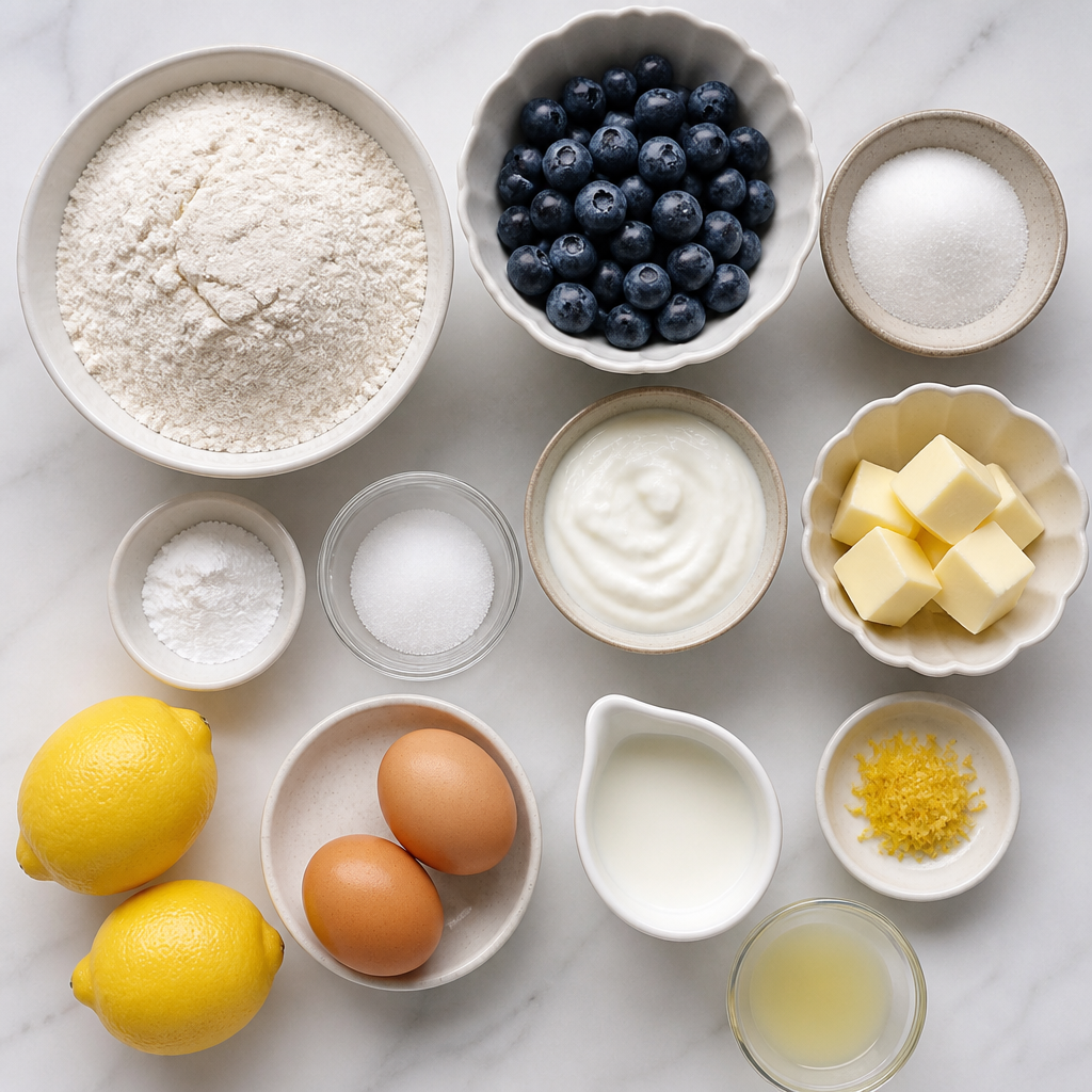 Overhead flat-lay of all ingredients for Lemon Blueberry Muffins With Sugared Tops laid out on a kitchen surface.