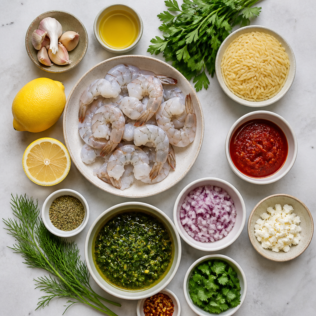 Overhead flat-lay of all ingredients for Lemon Herb Chimichurri Shrimp with Harissa Orzo laid out on a kitchen surface.