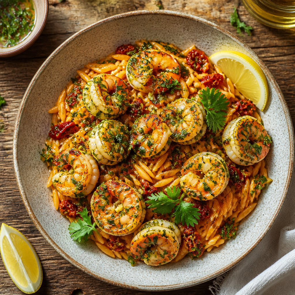 Lemon Herb Chimichurri Shrimp with Harissa Orzo — Fusion Dinner served and photographed from above