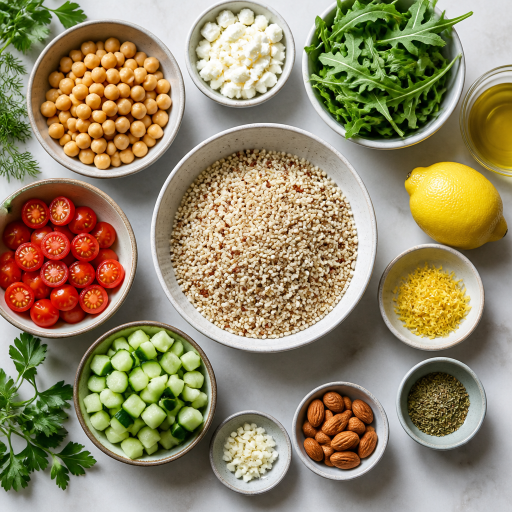 Overhead flat-lay of all ingredients for Lemon Herb Quinoa Power Bowl laid out on a kitchen surface.
