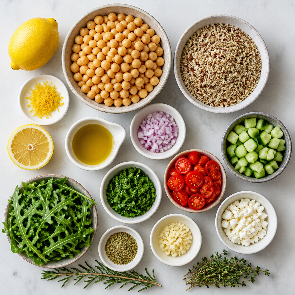 Overhead flat-lay of all ingredients for Lemon-Herb Roasted Chickpea & Quinoa Bowls laid out on a kitchen surface.