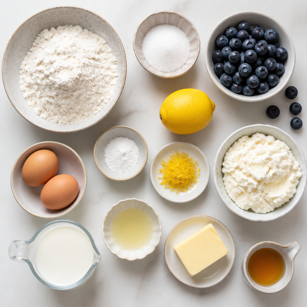 Overhead flat-lay of all ingredients for Lemon Ricotta Pancakes with Blueberry Compote laid out on a kitchen surface.