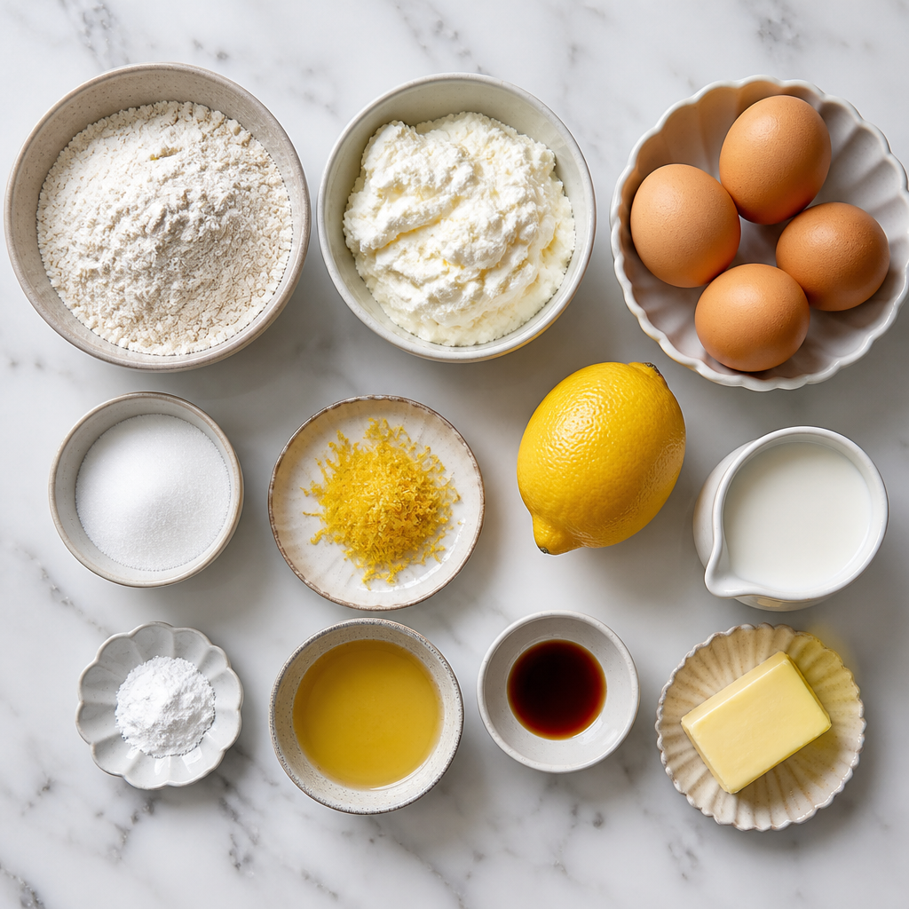 Overhead flat-lay of all ingredients for Lemon Ricotta Soufflé Pancakes laid out on a kitchen surface.