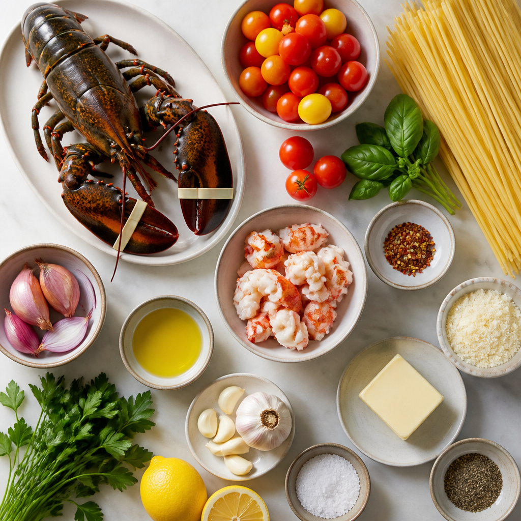 Overhead flat-lay of all ingredients for Lobster Pasta With Burst Tomato Butter laid out on a kitchen surface.