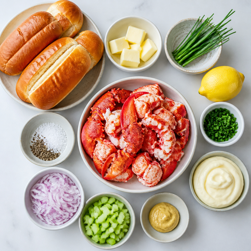 Overhead flat-lay of all ingredients for Lobster Rolls With Lemon Chive Butter laid out on a kitchen surface.