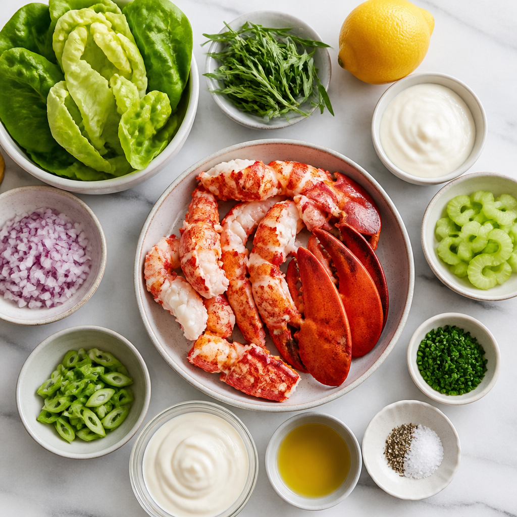 Overhead flat-lay of all ingredients for Lobster Salad With Creamy Tarragon Dressing laid out on a kitchen surface.